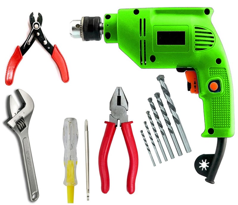 MLD AP10DR 10 mm drill machine Reversible 300 watts 2600 rpm With 5 pcs Drill Bit Set PlierTesterWire Cutter Adjustable Wrench Size 10 mmColorMulti MaterialMetal and Plastic - Image 1