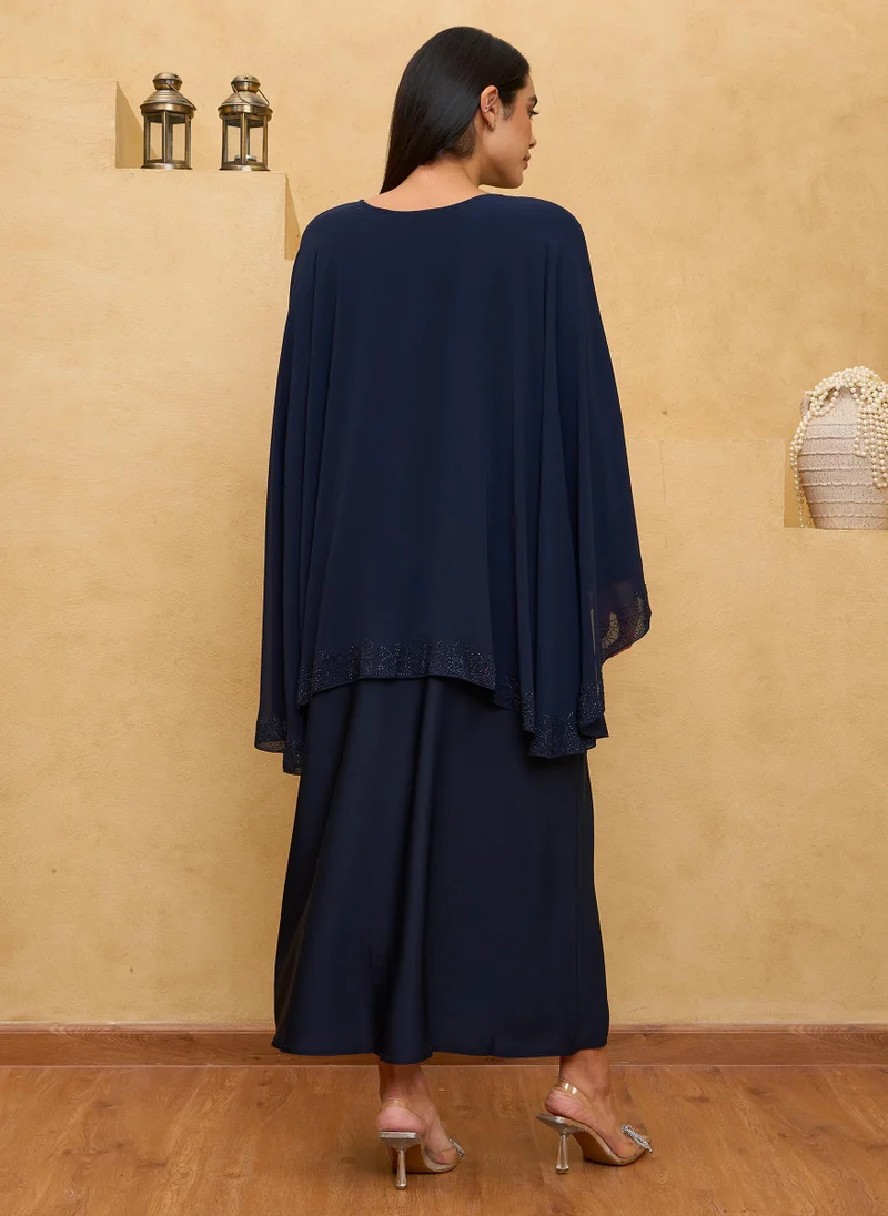 كوتور لابس Navy Blue Cape Abaya Kaftan with Sheila