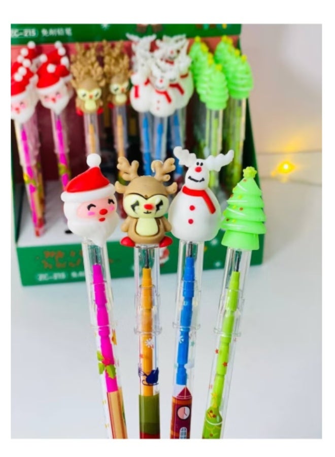 20-Pack Christmas Stackable Pencils (11 Tips Each) - Never-Ending Push-Up Pencils with Caps - Santa, Snowman, & Tree Designs - Ideal for Gifts - Image 1
