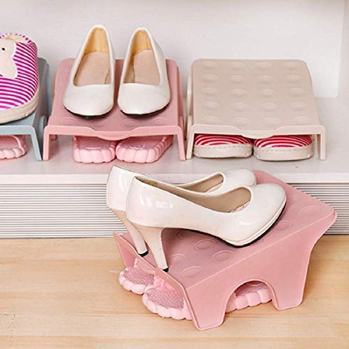 UNIQUE CART Shoe Organizer for Shoe Rack Plastic Shoe Stacker Slotz Space Saver | Double Deck Shoe Holder Adjustable Storage Organiser | Multipurpose Footwear Stand-(Pink,Beige,Blue) Pack of 8 - Image 1