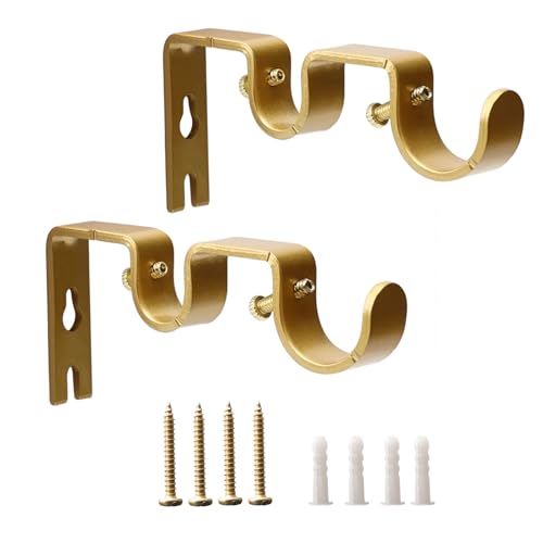 Shonmogar Double Curtain Rod Bracket 2 Pack Metal Curtain Rod Holders for Wall, Double Rod Curtain Bracket Heavy Duty Wall Curtain Rod Brackets for Bedroom Living Room Decor, Gold - Image 1