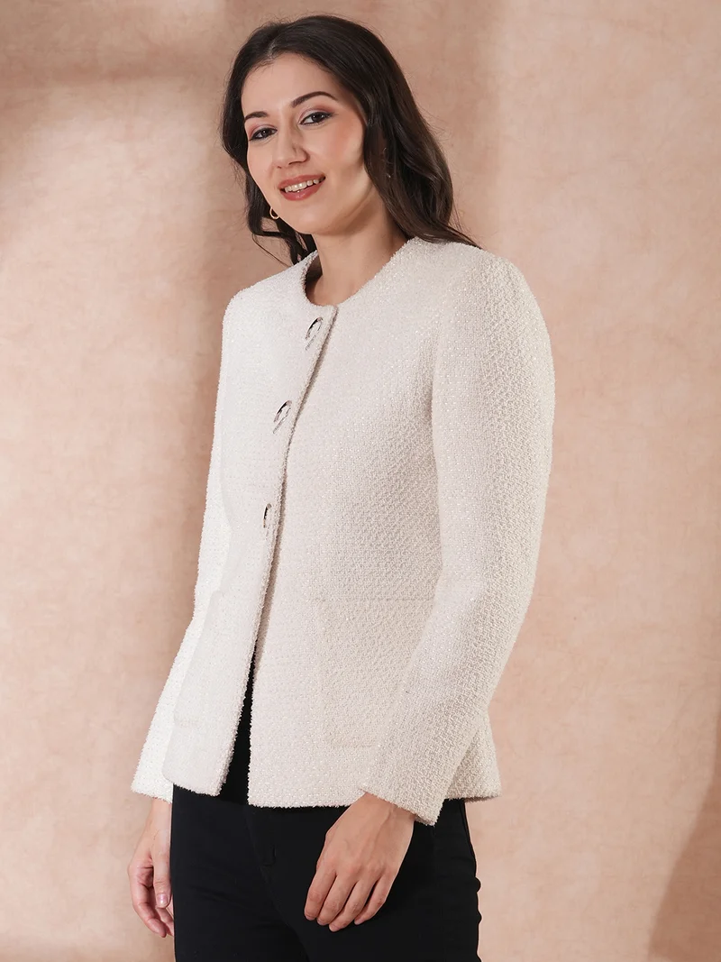 globus Women Round Neck Shimmer Self Design Single-Breasted Overcoat