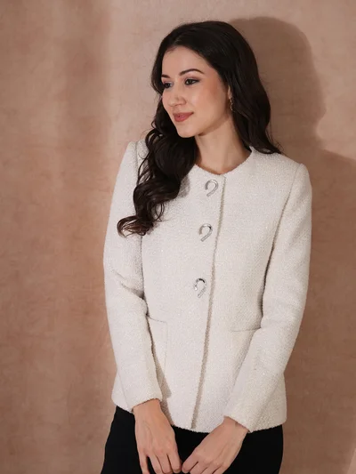 جلو باص Women Round Neck Shimmer Self Design Single-Breasted Overcoat