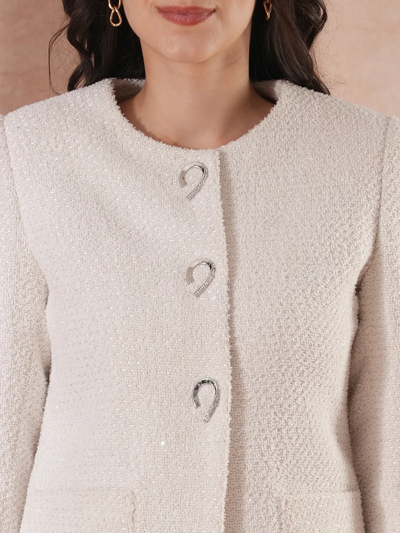 globus Women Round Neck Shimmer Self Design Single-Breasted Overcoat