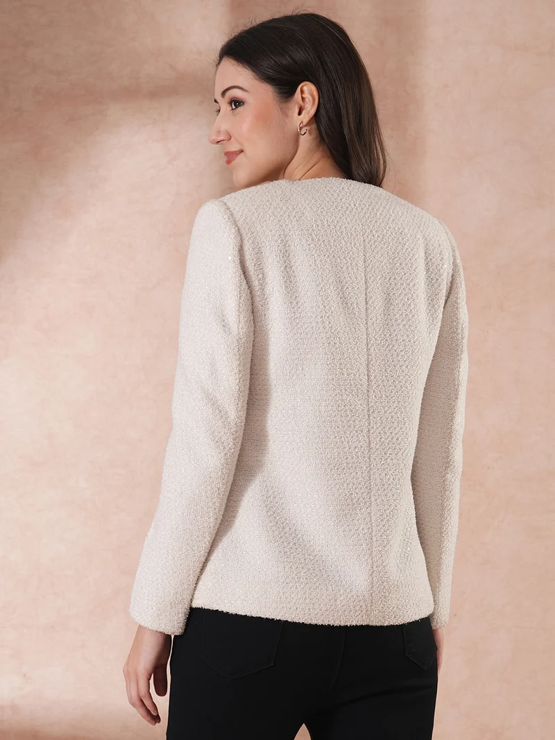 globus Women Round Neck Shimmer Self Design Single-Breasted Overcoat