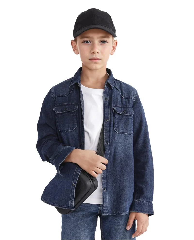 رير ونز Rare Ones Kids Epan Navy Denim Full Sleeve Spread Collar Solid Shirt