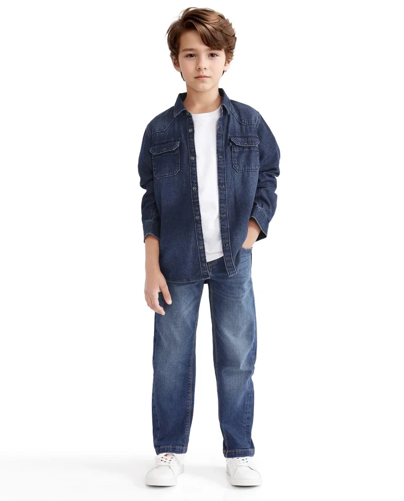 رير ونز Rare Ones Kids Epan Navy Denim Full Sleeve Spread Collar Solid Shirt