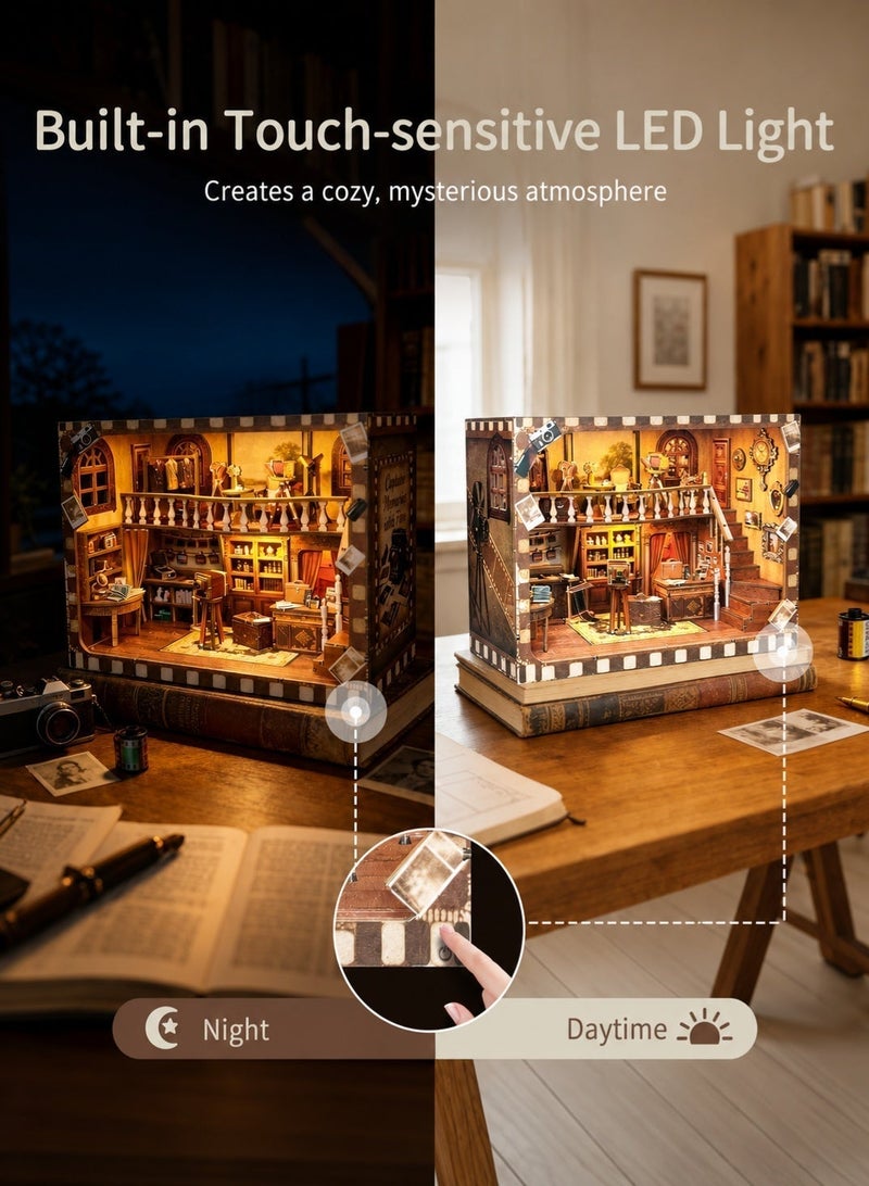 بيليف مجموعة زاوية الكتب الخشبية DIY مع إضاءة LED وغطاء مقاوم للغبار، مجسم استوديو تصوير كلاسيكي ثلاثي الأبعاد، هدية للكبار والمراهقين - Image 2