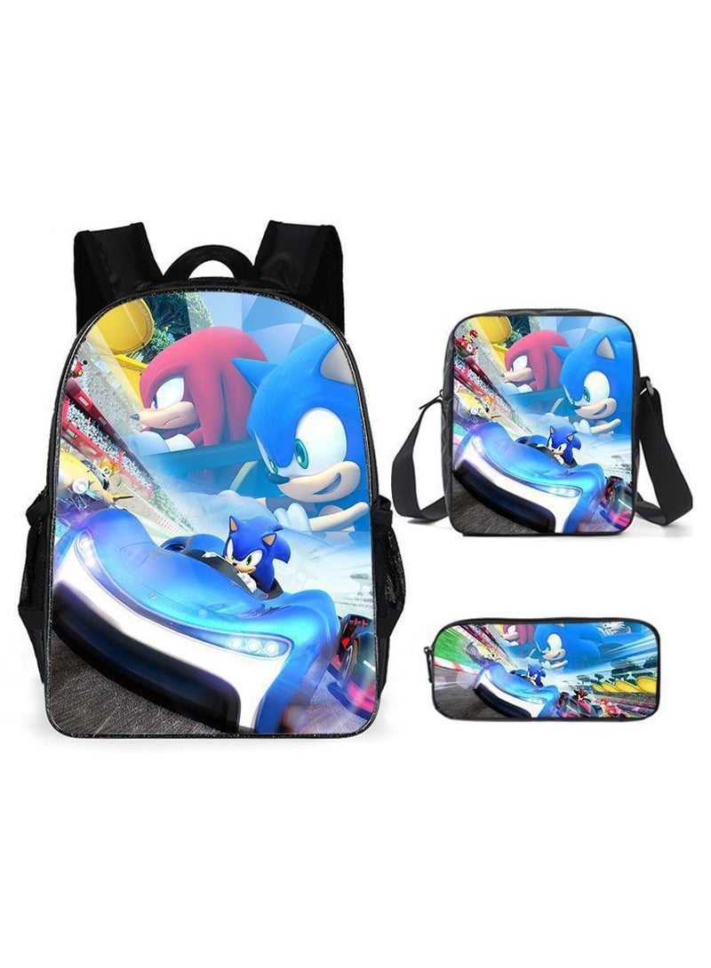 Sonic Primary School Backpack Cartoon Anime Backpack Messenger Bag Pencil Case Three-Piece Set 29*16*42cm