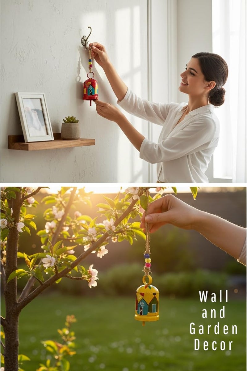 WARMINGO DE 2 Pc Metal Hand-Painted Round Turkish Bell Wind Chime for Home Decor & Gifting | Hanging Bell for Living Room, Balcony & Garden Tree Decoration (Pink & Yellow) - Image 2