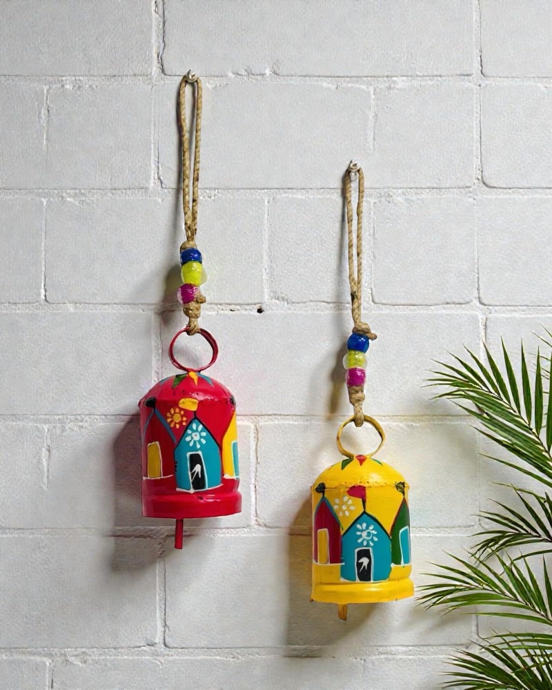 WARMINGO DE 2 Pc Metal Hand-Painted Round Turkish Bell Wind Chime for Home Decor & Gifting | Hanging Bell for Living Room, Balcony & Garden Tree Decoration (Pink & Yellow) - Image 1