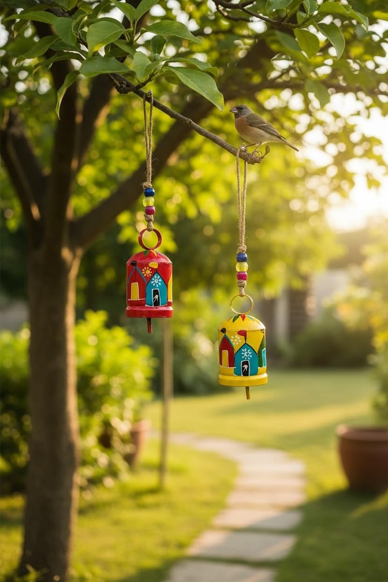 WARMINGO DE 2 Pc Metal Hand-Painted Round Turkish Bell Wind Chime for Home Decor & Gifting | Hanging Bell for Living Room, Balcony & Garden Tree Decoration (Pink & Yellow) - Image 3