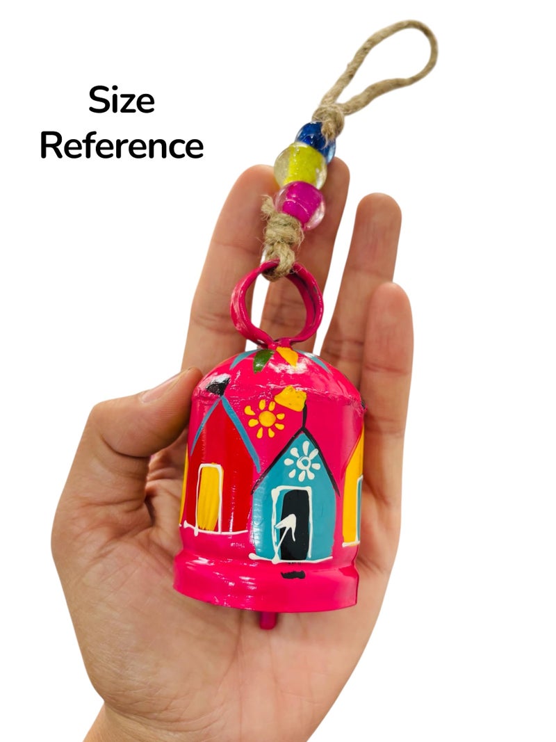 WARMINGO DE 2 Pc Metal Hand-Painted Round Turkish Bell Wind Chime for Home Decor & Gifting | Hanging Bell for Living Room, Balcony & Garden Tree Decoration (Pink & Yellow) - Image 4