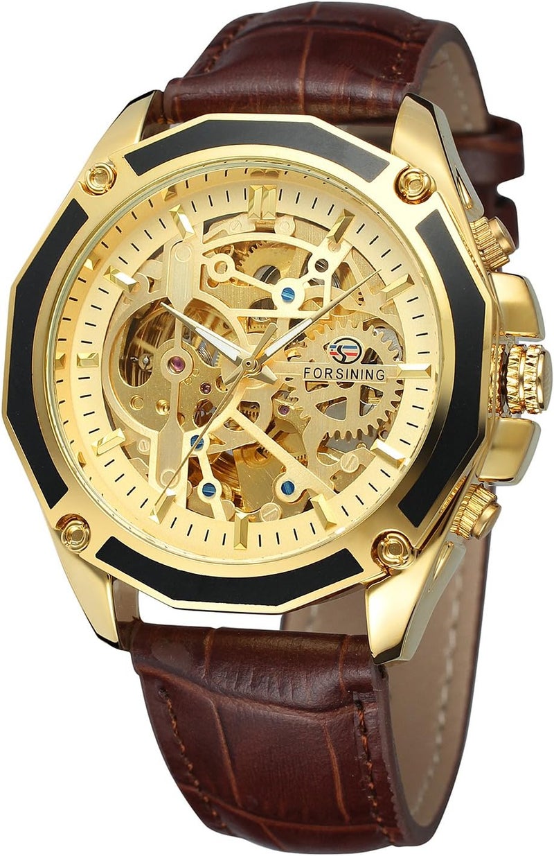 FORSINING Men's Skeleton Mechanical Watch with Genuine Leather Strap - Image 1