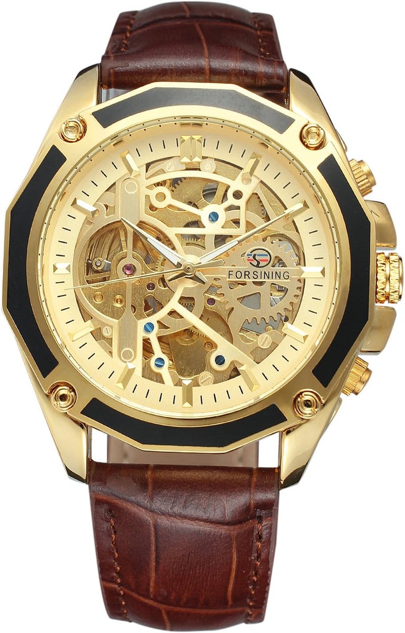FORSINING Men's Skeleton Mechanical Watch with Genuine Leather Strap - Image 2