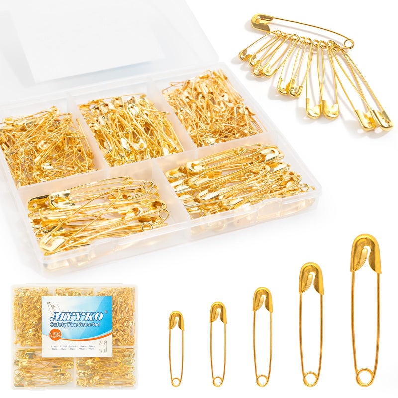 MYYKO 320Pcs Gold Safety Pins Assorted,5 Different Sizes Large and Small Safety Pins for Clothes, Pins for Art,Crafts, Sewing and Jewelry Making - Image 1