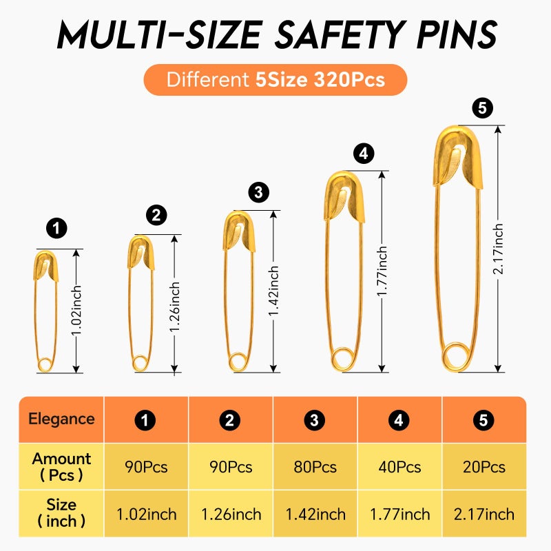 MYYKO 320Pcs Gold Safety Pins Assorted,5 Different Sizes Large and Small Safety Pins for Clothes, Pins for Art,Crafts, Sewing and Jewelry Making - Image 2