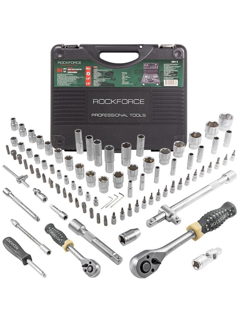 ROCKFORCE Socket set 94 pcs in a plastic case with metal clasps 1/2'', 1/4'' (4-32mm) Drive 6-Point Socket