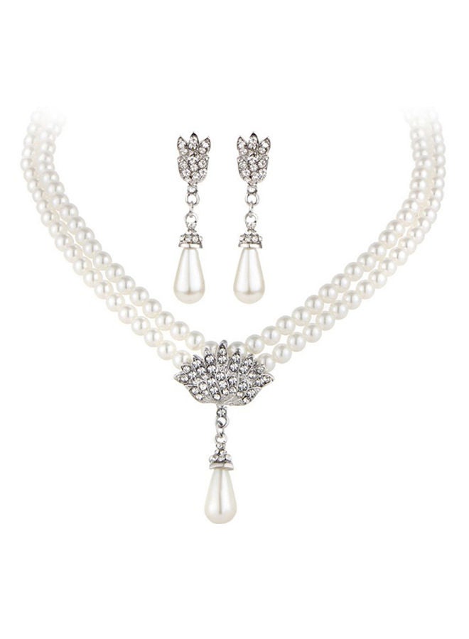 NIBEMINENT Temperament Pearl Diamond Short Necklace Earrings Jewellery Set White - Image 1