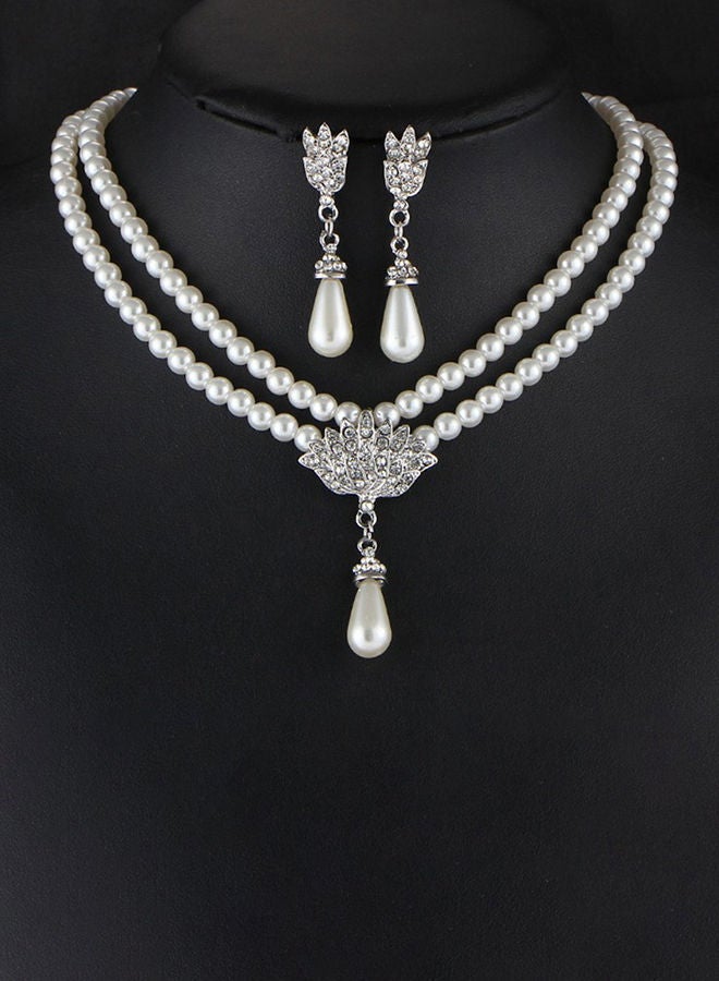 NIBEMINENT Temperament Pearl Diamond Short Necklace Earrings Jewellery Set White - Image 2