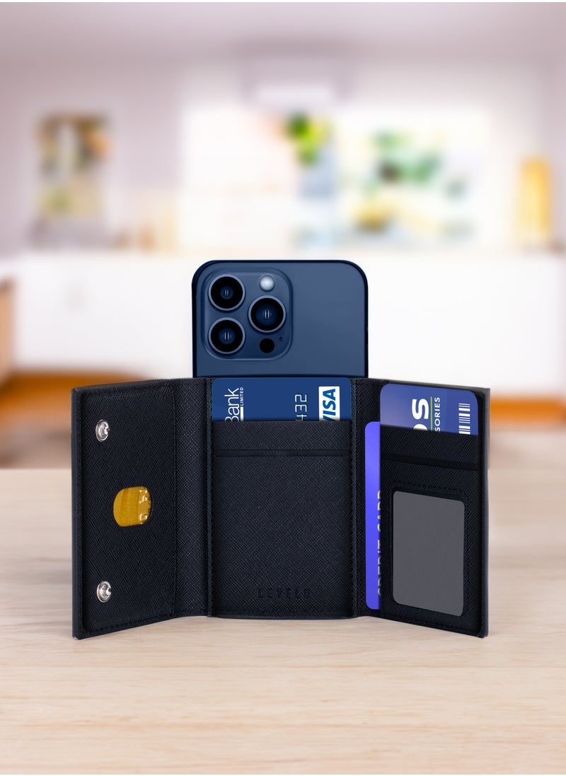 LEVELO Mitte 8 in 1 Magsafe Cardholder Wallet / Compact & Foldable Design/ Strong Magnets / 8 Card Slots Saffiano Leather Phone Wallet - Black  - Image 3