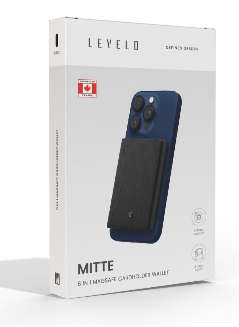 LEVELO Mitte 8 in 1 Magsafe Cardholder Wallet / Compact & Foldable Design/ Strong Magnets / 8 Card Slots Saffiano Leather Phone Wallet - Black  - Image 4