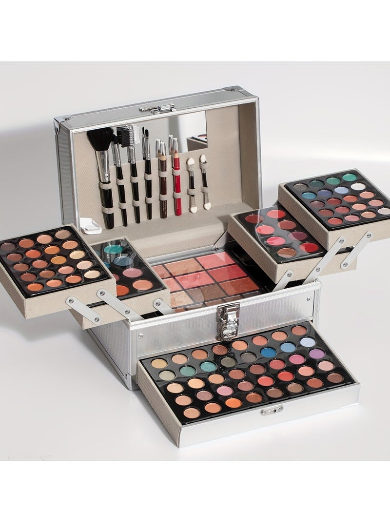 Generic 127Pcs/Set Idea Makeup Gift Box For Mother's Day Multi-Functional Make Up Case Set With Mirror  Brush Eyeshadow Lipstick Mascara Lip Liner Lip Gloss All In One Simplicity Silvery Ladies Cosmetics Se  - Image 1