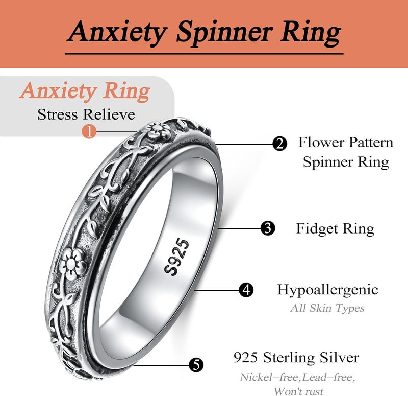 Ladytree Anxiety Relieve Spinner Rings Sterling Silver Worry Stress Relieving Boredom ADHD Autism Ring for Women Men - Image 5