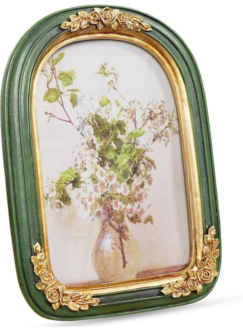 إطار صورة فينتاج 5×7، إطارات على شكل قوس ذهبية وخضراء مزخرفة من ريزين مع واجهة زجاجية للعرض على الطاولة أو التعليق على الحائط، إطار زخرفي أنتيك لديكور المنزل أو كهدية - Image 1