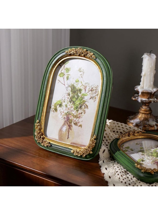 إطار صورة فينتاج 5×7، إطارات على شكل قوس ذهبية وخضراء مزخرفة من ريزين مع واجهة زجاجية للعرض على الطاولة أو التعليق على الحائط، إطار زخرفي أنتيك لديكور المنزل أو كهدية - Image 2