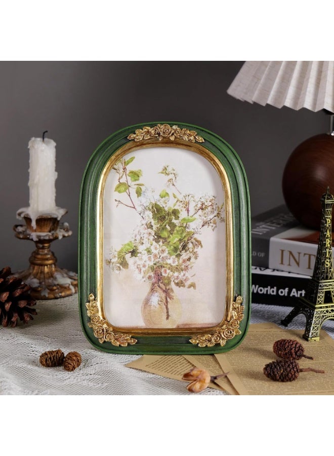 إطار صورة فينتاج 5×7، إطارات على شكل قوس ذهبية وخضراء مزخرفة من ريزين مع واجهة زجاجية للعرض على الطاولة أو التعليق على الحائط، إطار زخرفي أنتيك لديكور المنزل أو كهدية - Image 3