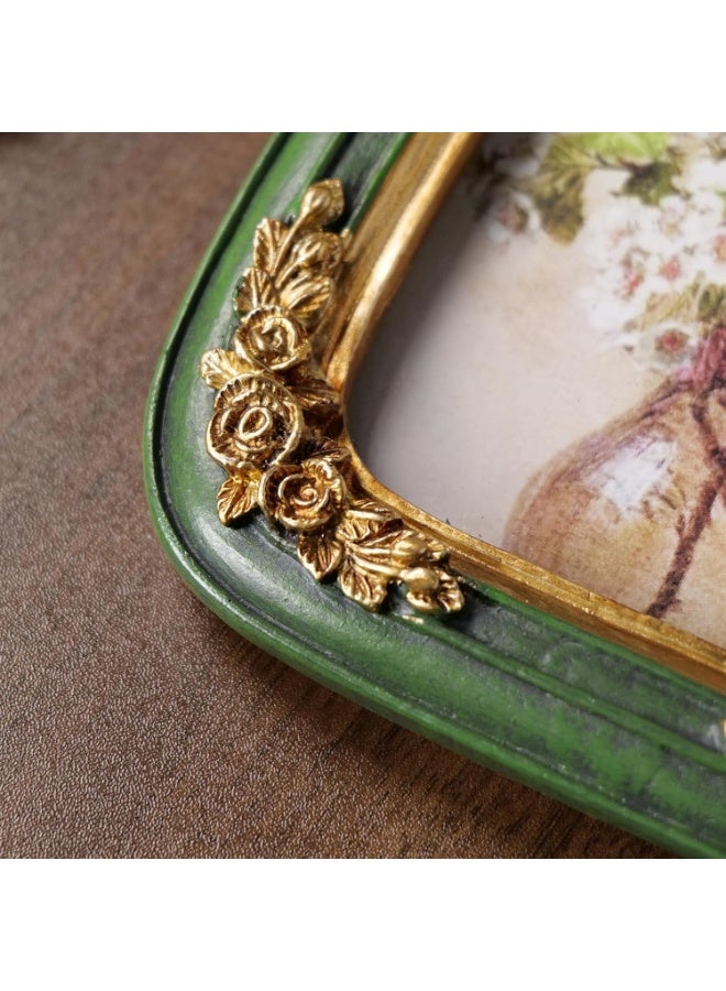 إطار صورة فينتاج 5×7، إطارات على شكل قوس ذهبية وخضراء مزخرفة من ريزين مع واجهة زجاجية للعرض على الطاولة أو التعليق على الحائط، إطار زخرفي أنتيك لديكور المنزل أو كهدية - Image 4