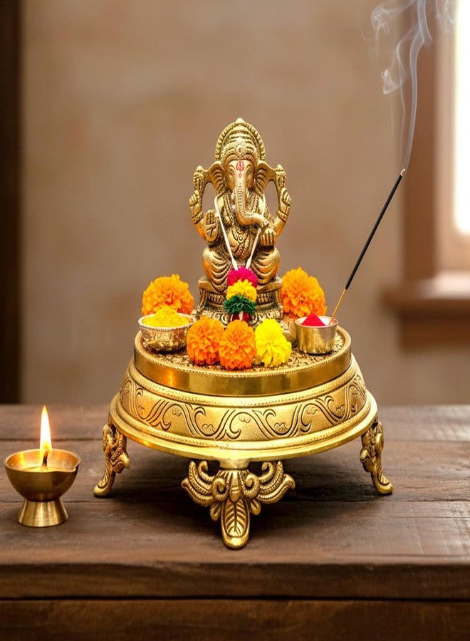 eSplanade Brass Decorative Round Pooja God Stool | Brass Chowki | Home Decor Sitting Table - 7" Inches - Image 3
