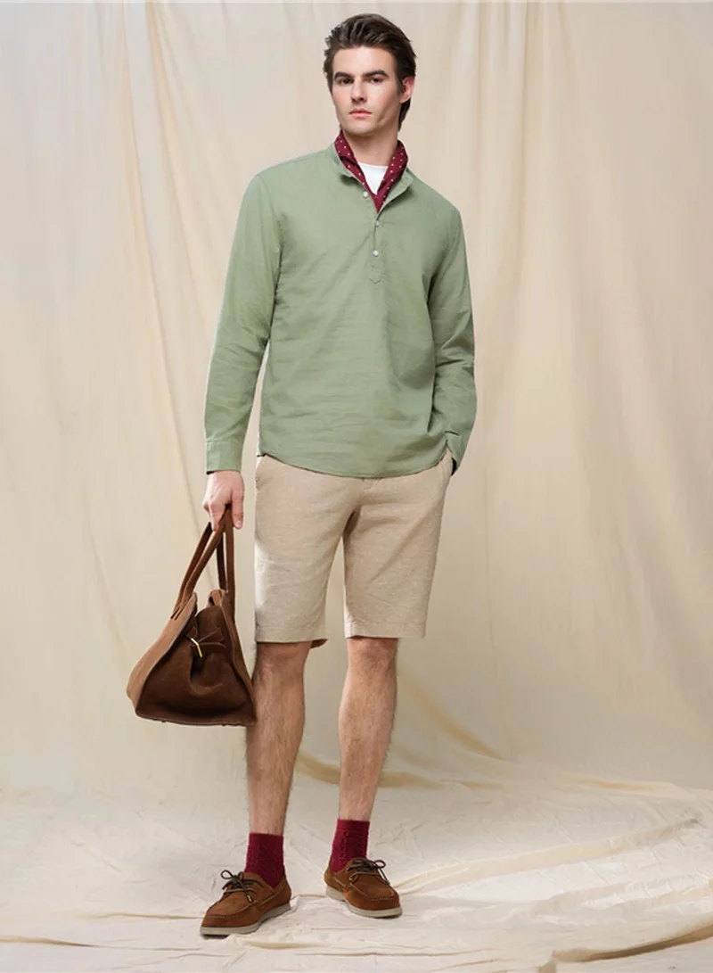 GIORDANO  Men's Slim Linen Cotton Band Collar Shirt for Men | Best Price UAE