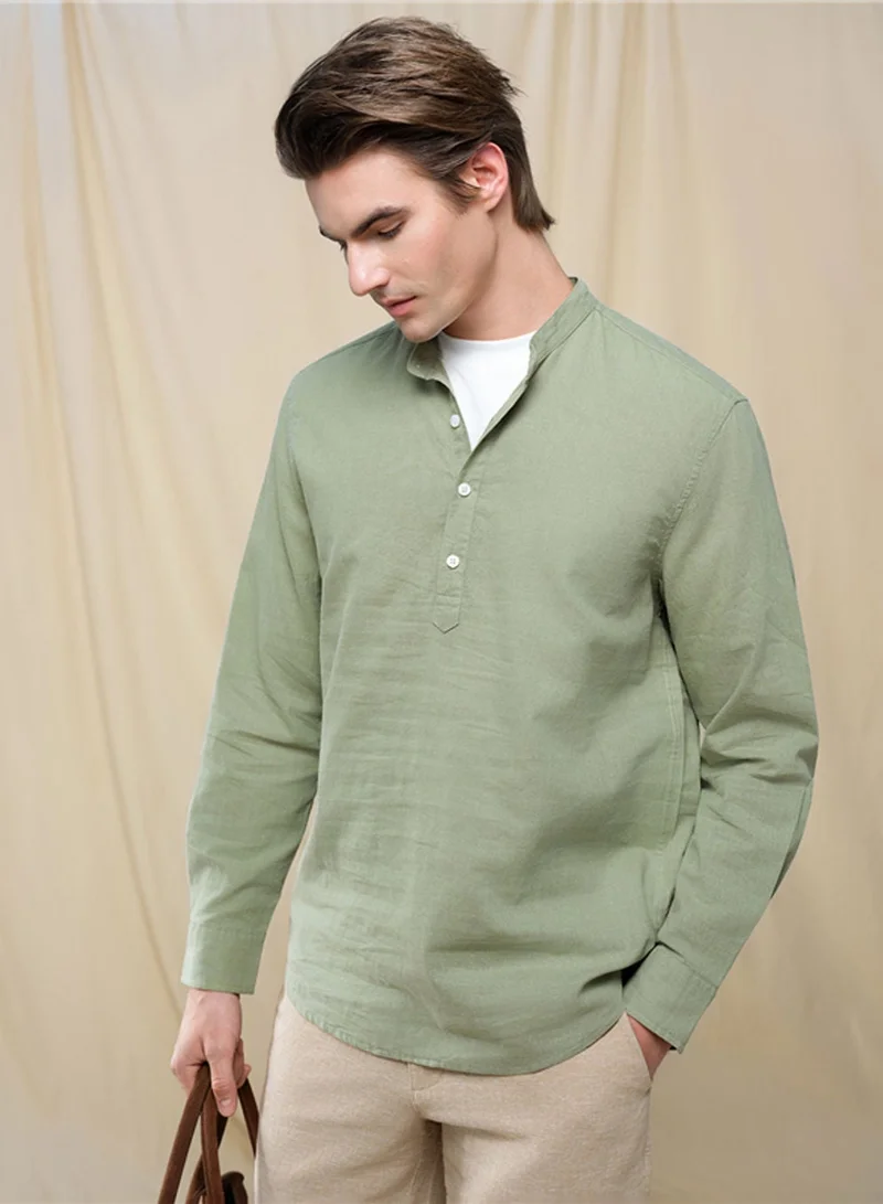Men's Slim Linen Cotton Band Collar Shirt