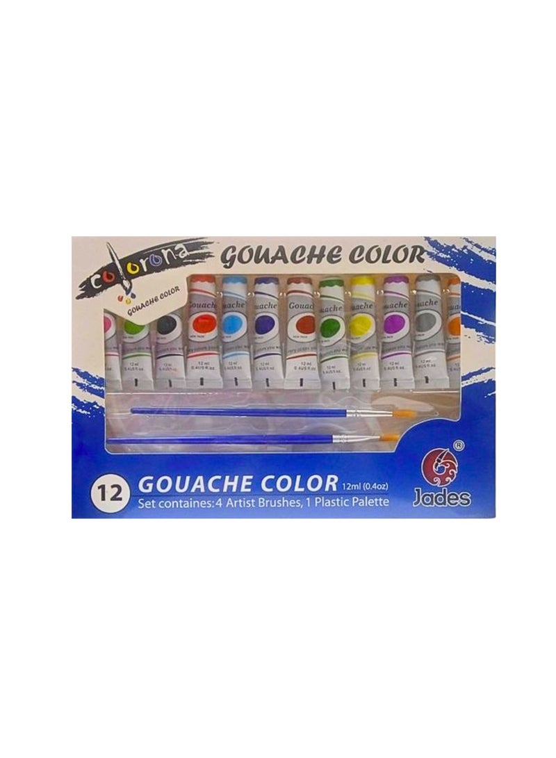JADES Gouache Color 12ml 12 Colors With Brushes And Plastic Palette - Image 1