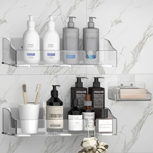 YAWSOUP Acrylic Shower shelves 3 Pack,Adhesive Shower Organizer for Bathroom Storage Home Decor,No Drilling,Transparent Organizer,Shower Caddy for Inside Shower - Image 1