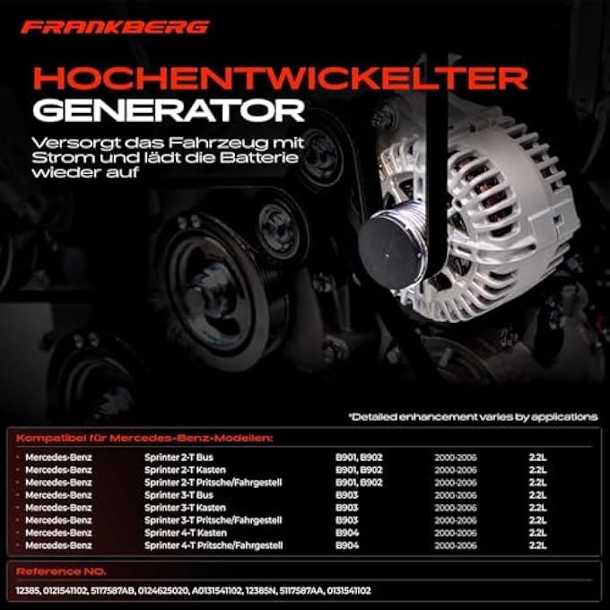 Frankberg Alternator Compatible with Sprinter 2-T Bus B901 B902 208-213 2.2L 2000-2006 Sprinter 3-T Bus B903 308-313 2.2L 2000-2006 Sprinter 4-T Box B904 408-413 Replace# 0124625020 - Image 3