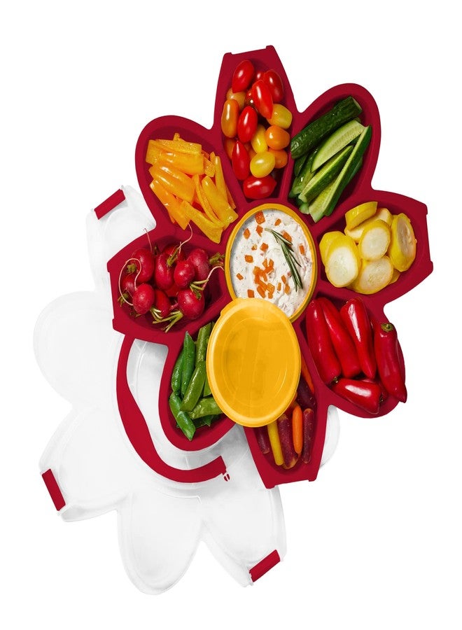 KOLORAE Flower Snack Serving Tray - 9 Compartment Party Platter with Dressing Cup for Chips and Dip, Fruits and Veggies - Game Day & Summer Entertaining Tray - Image 1