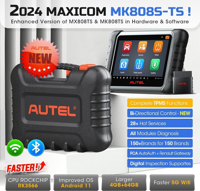 Autel MaxiCOM MK808S-TS OBD2 Scanner: 2025 Updated of MK808BT PRO, MK808TS MX808TS TS601 with Bidirectional Test, 28 Service 150 Makes, TPMS Programming Relearn Retrofit, All-System Scan, OS 11 4+64G - Image 2