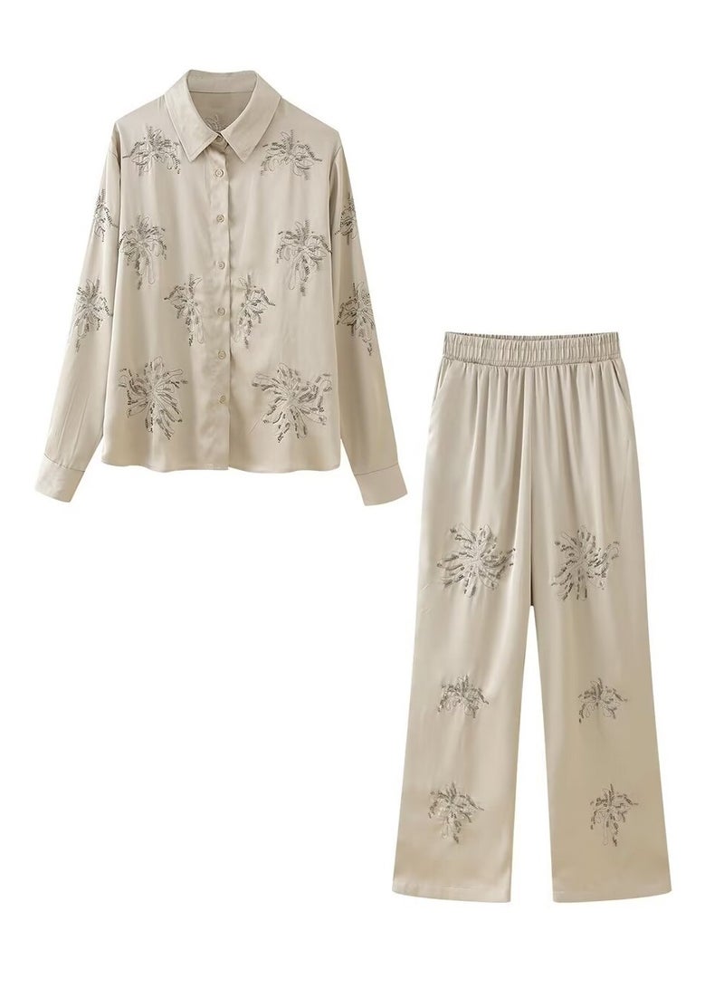 Shougu Casual Style Beaded Embroidered Shirt Straight Leg Pants Set  - Image 1
