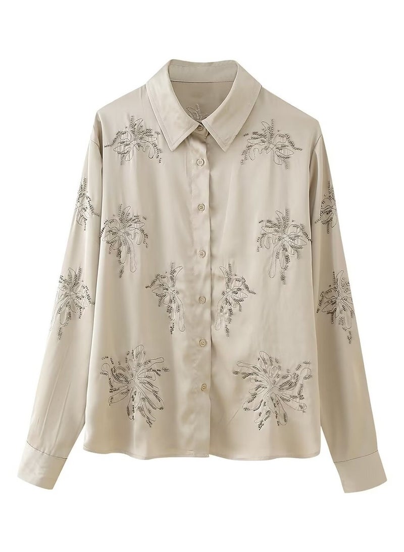 Shougu Casual Style Beaded Embroidered Shirt Straight Leg Pants Set  - Image 2