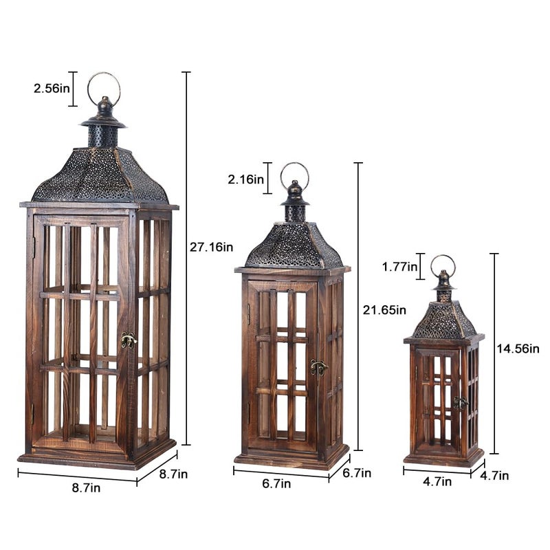 DECORKEY Large Farmhouse Wooden Metal Lantern Set of 3, 27''/22''/15'' H Rustic Decorative Indoor & Outdoor Hanging Candle Lanterns, Wooden Outdoor Lanterns for Patio Front Porch Table, Brown - Image 2