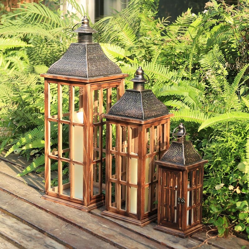 DECORKEY Large Farmhouse Wooden Metal Lantern Set of 3, 27''/22''/15'' H Rustic Decorative Indoor & Outdoor Hanging Candle Lanterns, Wooden Outdoor Lanterns for Patio Front Porch Table, Brown - Image 3