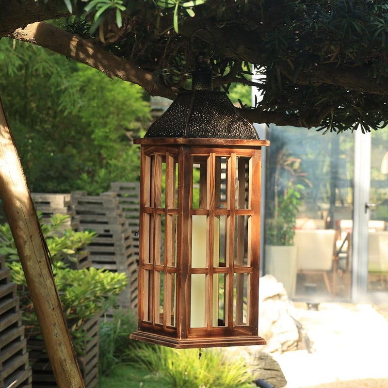 DECORKEY Large Farmhouse Wooden Metal Lantern Set of 3, 27''/22''/15'' H Rustic Decorative Indoor & Outdoor Hanging Candle Lanterns, Wooden Outdoor Lanterns for Patio Front Porch Table, Brown - Image 5