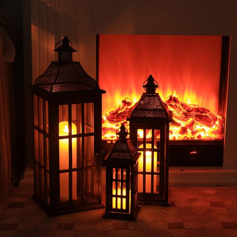 DECORKEY Large Farmhouse Wooden Metal Lantern Set of 3, 27''/22''/15'' H Rustic Decorative Indoor & Outdoor Hanging Candle Lanterns, Wooden Outdoor Lanterns for Patio Front Porch Table, Brown - Image 4