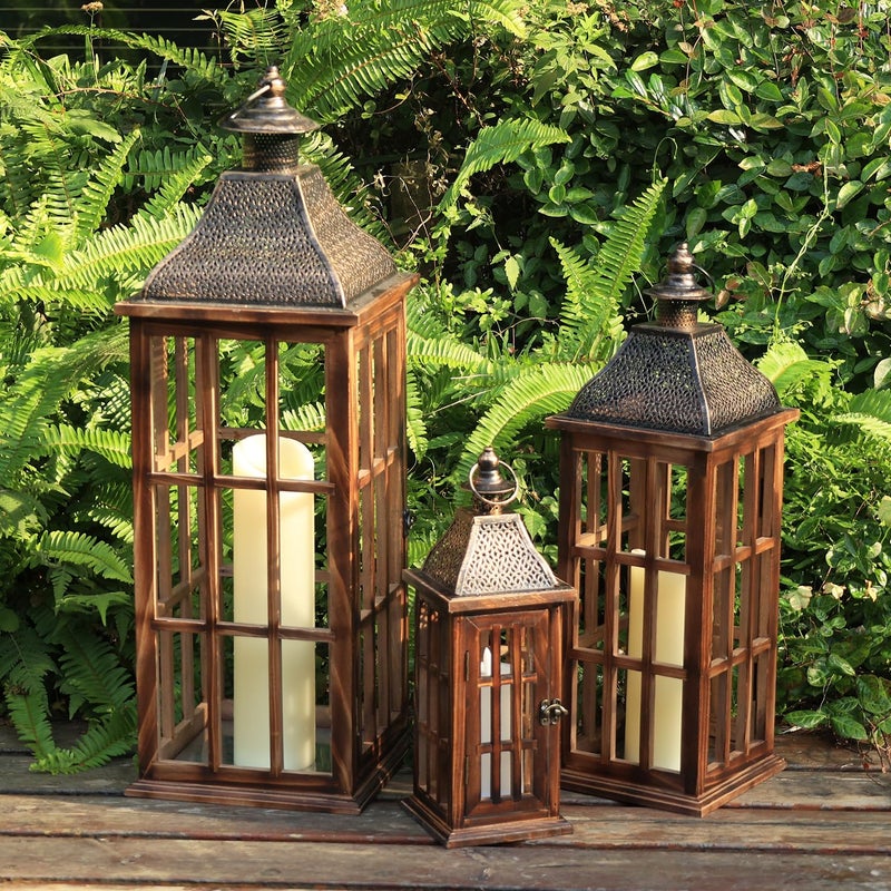 DECORKEY Large Farmhouse Wooden Metal Lantern Set of 3, 27''/22''/15'' H Rustic Decorative Indoor & Outdoor Hanging Candle Lanterns, Wooden Outdoor Lanterns for Patio Front Porch Table, Brown - Image 1