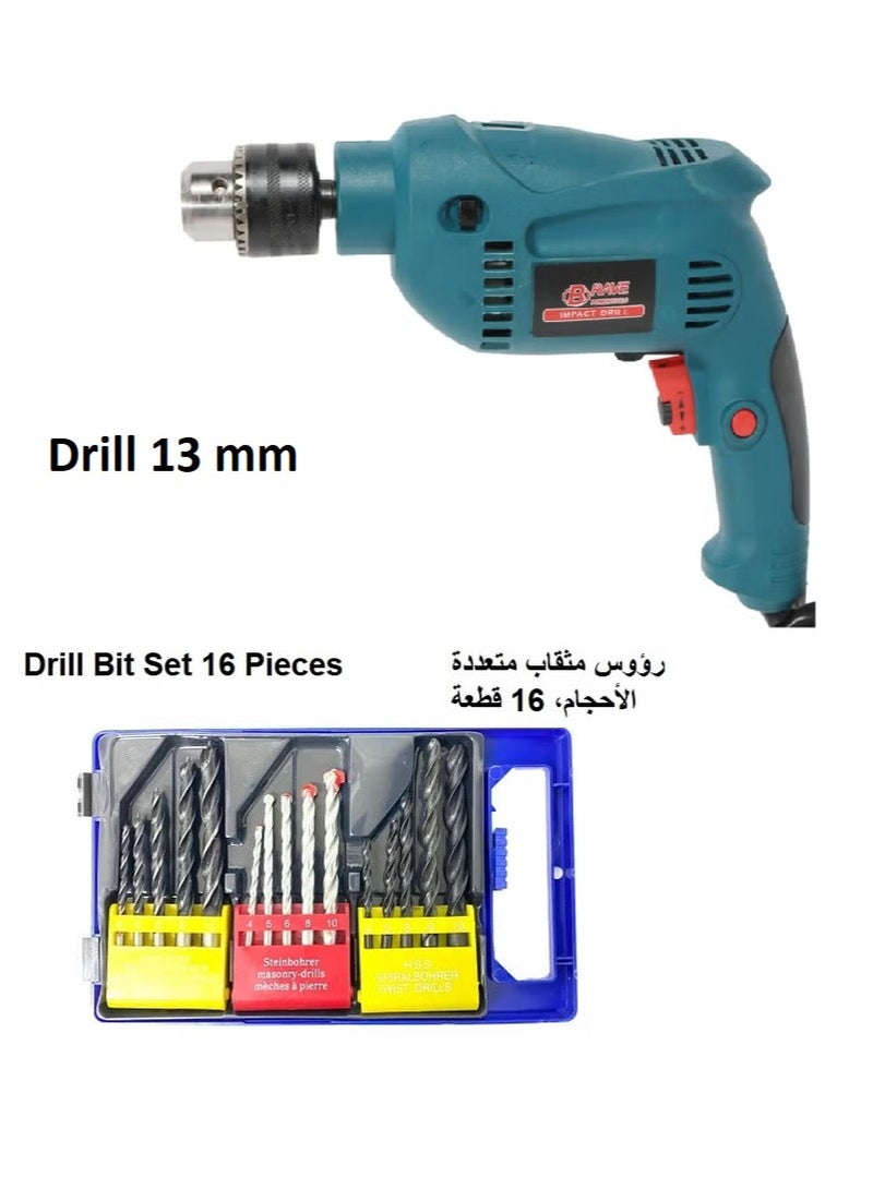 Brave Impact Dril 13 mm 500 Watt by BRAVE and Multi Size Drill Bit Set  16 Pieces - Image 1