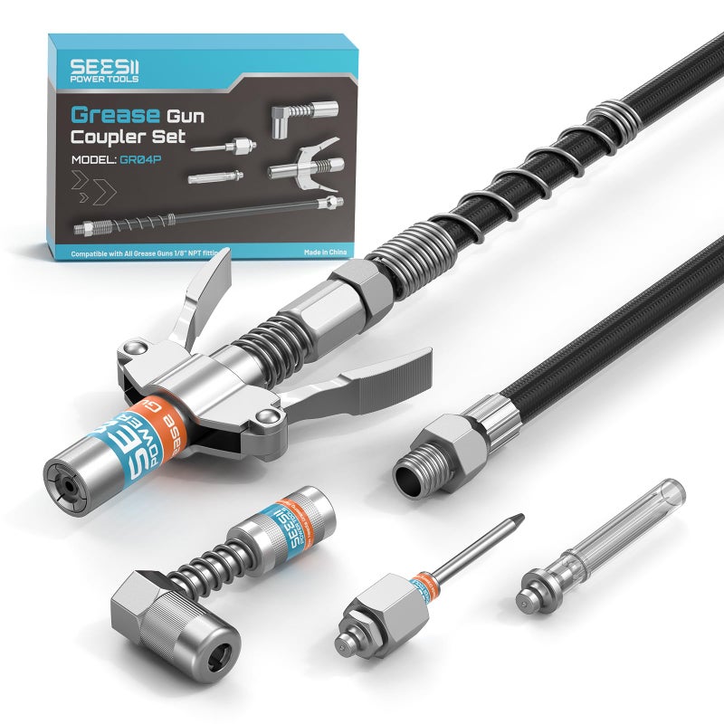 Seesii Grease Gun Accessory Kit Includes QuickRelease Coupler 90 Degree Grease Gun Coupler Adapter 12 Inch Flexible Hose 2 Grease Needle Tips for Easy Greasing Narrow Tight Deep Spaces GR04P - Image 3