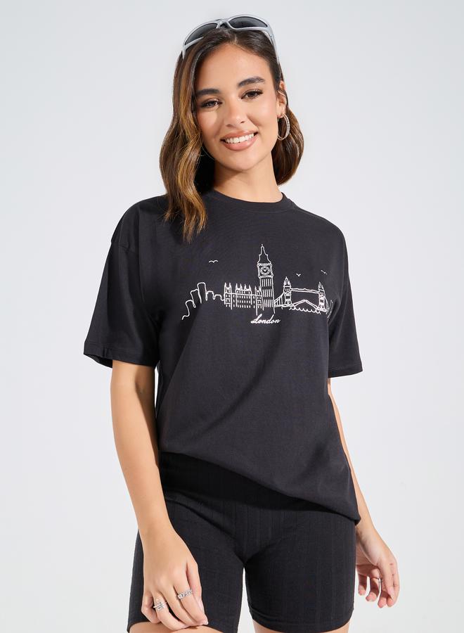 Styli Oversized Foil Print Round Neck T-shirt  - Image 1
